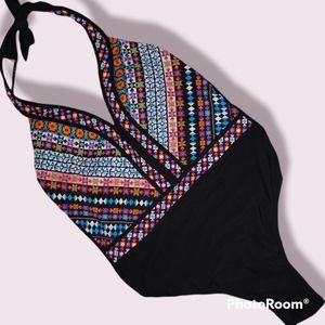 Aqua Reef swimsuit half multicolor half black halter top ties on neck size L